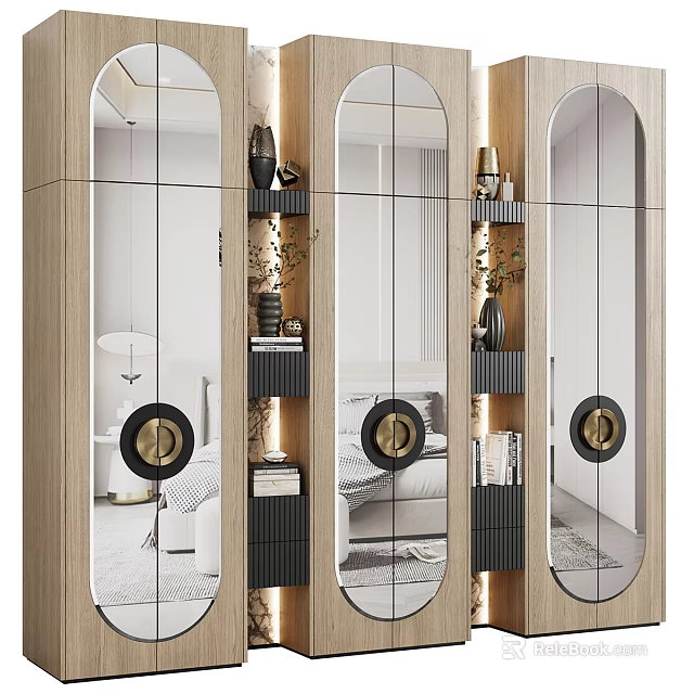 Modern Wooden Decorative Cabinet With Mirrored Panels And Illuminated Display Shelves 3d model 