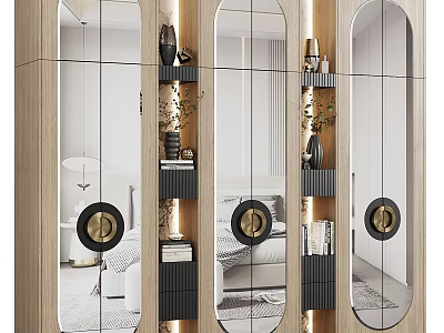 Modern Wooden Decorative Cabinet With Mirrored Panels And Illuminated Display Shelves 3d model