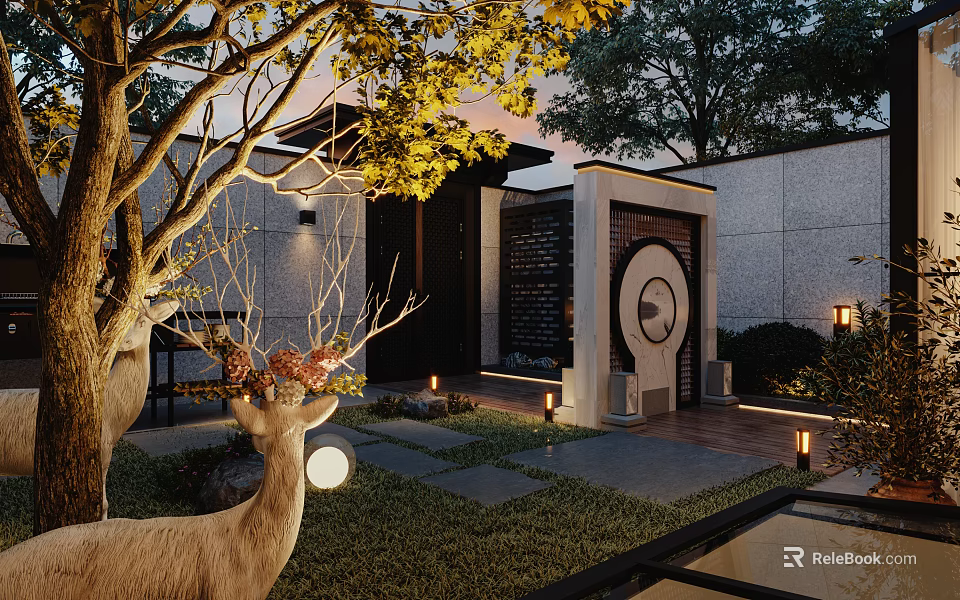 Serene Garden Landscape With Deer Statue Trees Stone Wall Circular Decoration And Warm Lighting 3d model 