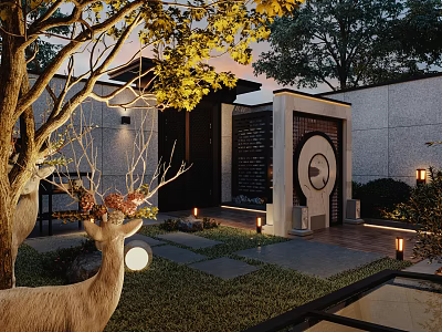 Serene Garden Landscape With Deer Statue Trees Stone Wall Circular Decoration And Warm Lighting 3d model