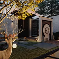 Serene Garden Landscape With Deer Statue Trees Stone Wall Circular Decoration And Warm Lighting