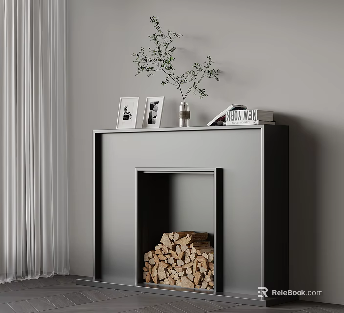 Modern Fireplace with Photo Frames Vase Green Plant and Book on Mantel and Stacked Firewood 3d model 