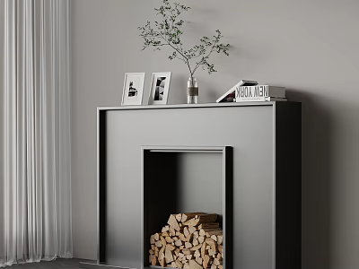 Modern Fireplace with Photo Frames Vase Green Plant and Book on Mantel and Stacked Firewood 3d model