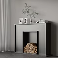 Modern Fireplace with Photo Frames Vase Green Plant and Book on Mantel and Stacked Firewood