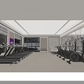 Modern Gym Interior With Treadmills Elliptical Machines Large Windows Screen And Lighting