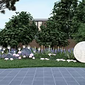 Outdoor Lights In Garden With Green Grass Purple Flowers Stones And Trees