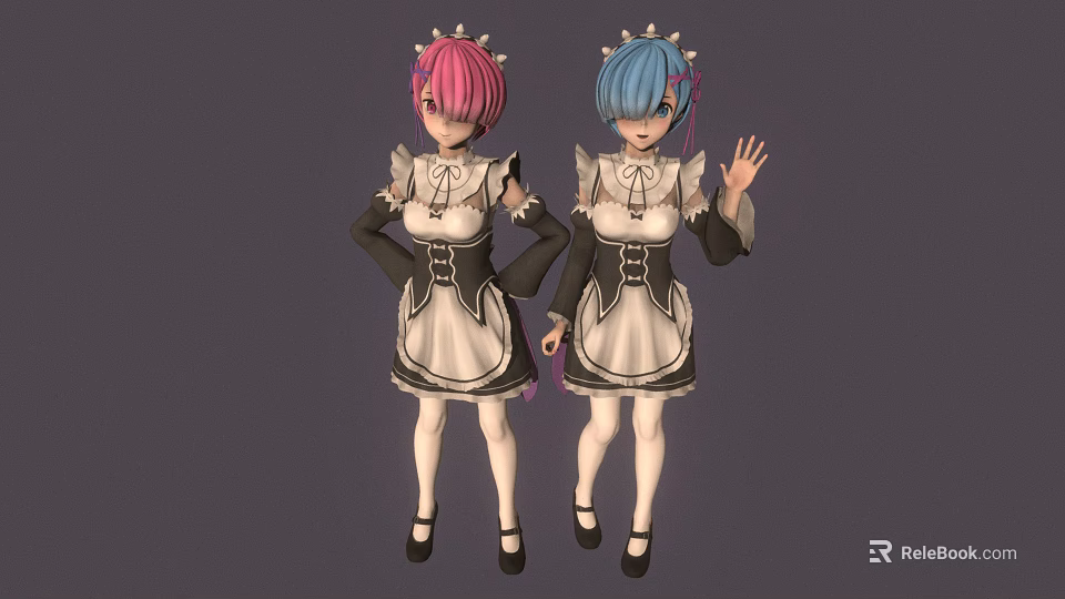 Two Cute Anime Maid Characters With Pink Blue Hair In Classic Outfits Waving Posing 3d model 