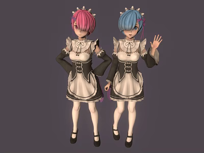 Two Cute Anime Maid Characters With Pink Blue Hair In Classic Outfits Waving Posing 3d model