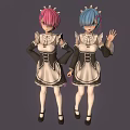 Two Cute Anime Maid Characters With Pink Blue Hair In Classic Outfits Waving Posing