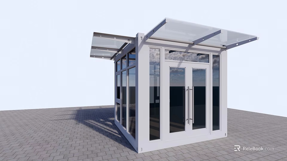 Modern White Container Building With Large Glass Windows And Transparent Roof 3d model