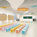 Vibrant Preschool Music Classroom With Colorful Cube Seats Music Note Decorations And Blue Pendant Lights