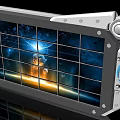 Metal Framed Mechanical Grid Screen Displaying Space Nebula Stars Orange Glow And Reflective Base
