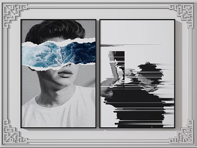 Abstract Black And White Artwork With Torn Face Blue Waves And Glitch Silhouette 3d model