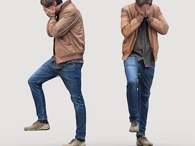 Person Wearing Brown Jacket Blue Jeans Brown Shoes Covering Face Lifting One Foot 3d model