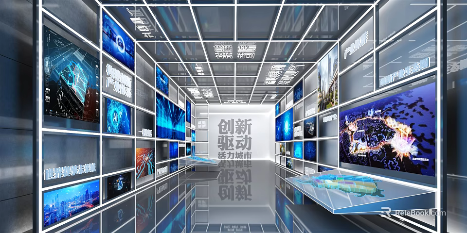 Innovative Tech Exhibition Hall With Multiple Digital Screens And Reflective Floor Design 3d model 