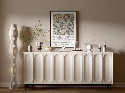 Minimalist Modern Entryway Console Cabinet With Decorative Vase And Wall Art 3d model