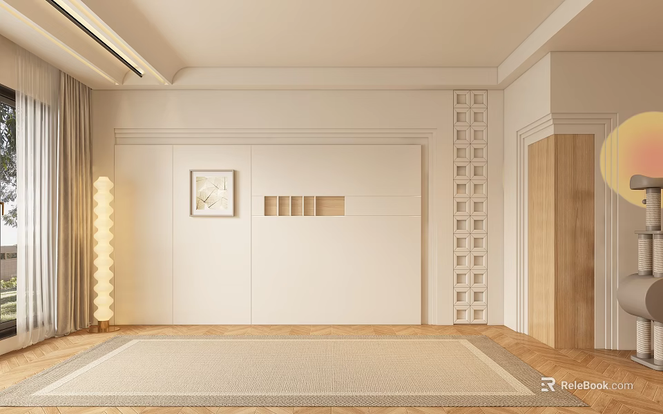 Modern White Sofa Background Wall Interior With Decorative Painting Lattice Column And Wooden Floor 3d model 