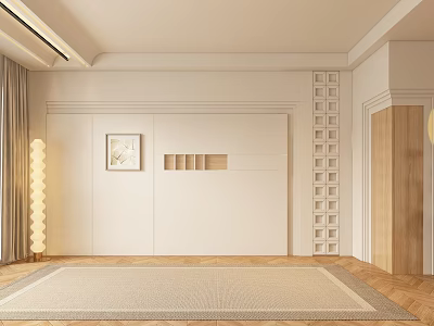 Modern White Sofa Background Wall Interior With Decorative Painting Lattice Column And Wooden Floor 3d model