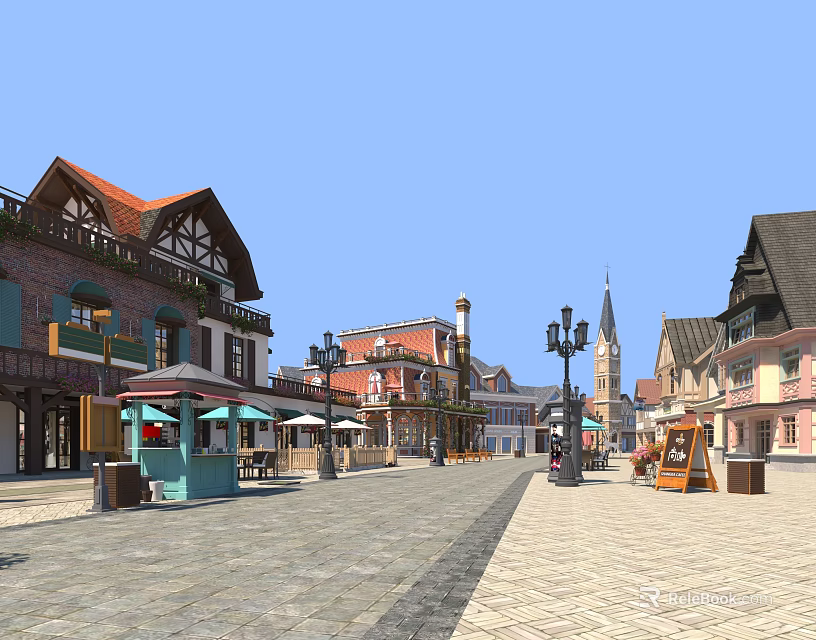 Colorful Commercial Street With European Style Buildings Street Lamps And Outdoor Seating Areas 3d model 