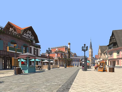 Colorful Commercial Street With European Style Buildings Street Lamps And Outdoor Seating Areas 3d model