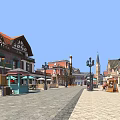 Colorful Commercial Street With European Style Buildings Street Lamps And Outdoor Seating Areas