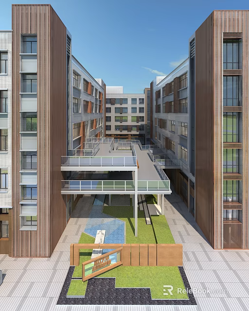 Modern Office Building Complex With Central Courtyard Green Space And Connecting Walkways 3d model