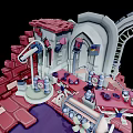 Vibrant Cartoon Scene With Mechanical Structures Red Bricks Purple Ground And White Machinery