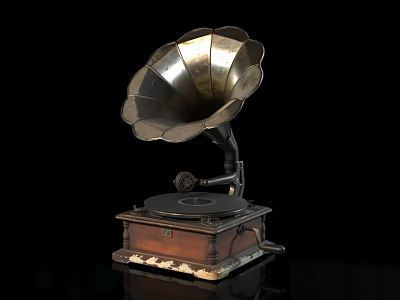 Vintage Gramophone With Brass Horn And Wooden Base For Home Decoration 3d model