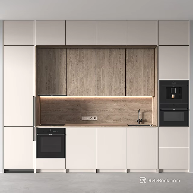 Modern Kitchen Interior With White Cabinets Wooden Backsplash And Black Appliances 3d model 