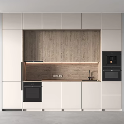 Modern Kitchen Interior With White Cabinets Wooden Backsplash And Black Appliances 3d model