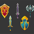 Colorful Mythical Fantasy Weapons And Shields In Detailed 3D Rendered Artwork
