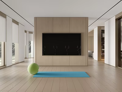 Spacious Home Fitness Space With Blue Yoga Mat And Green Exercise Ball On Wooden Floor 3d model