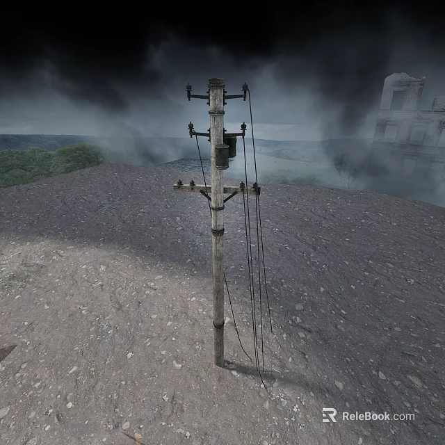 Road Infrastructure Featuring Weathered Utility Pole on Barren Ground with Distant Buildings and Smoky Sky 3d model 