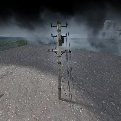 Road Infrastructure Featuring Weathered Utility Pole on Barren Ground with Distant Buildings and Smoky Sky 3d model