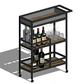 Black Metal Wine Cabinet with Rolling Wheels Multiple Shelves Wine Bottles and Glassware