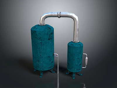 Blue Cylindrical Industrial Equipment With Silver Connecting Pipes And Base Supports 3d model