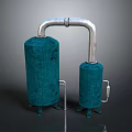 Blue Cylindrical Industrial Equipment With Silver Connecting Pipes And Base Supports