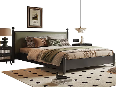 Elegant Double Bed with Patterned Pillows Checkered Rug Side Table Lamp Wall Art Pendant Light 3d model
