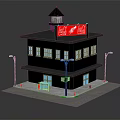 Miniature Two Story Building Model With Coca Cola Billboard Water Tower And Street Lamps