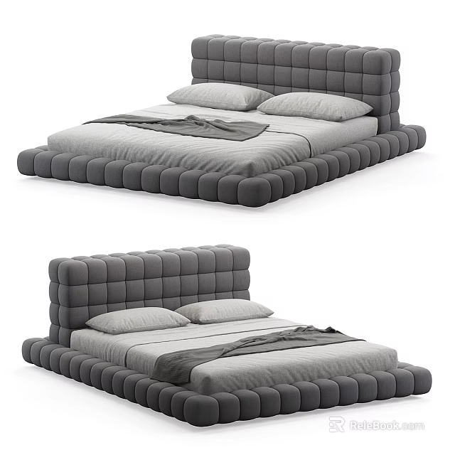 Modern Gray Double Bed With Tufted Headboard Frame And Soft Pillows Blanket 3d model