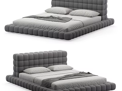Modern Gray Double Bed With Tufted Headboard Frame And Soft Pillows Blanket 3d model
