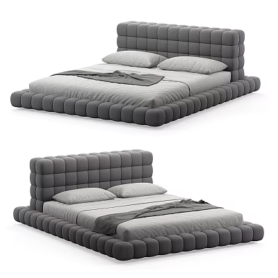Modern Gray Double Bed With Tufted Headboard Frame And Soft Pillows Blanket 3d model