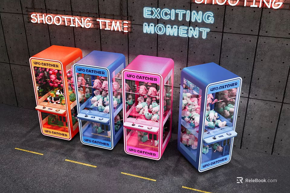 Vibrant Colorful Claw Machines In Street Setting With Neon Signs 3d model 