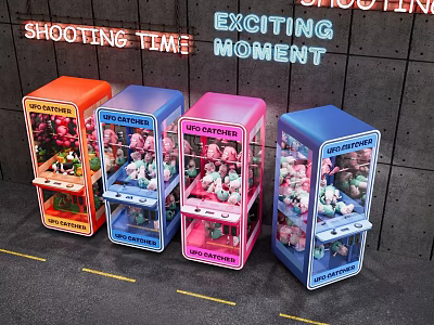 Vibrant Colorful Claw Machines In Street Setting With Neon Signs 3d model