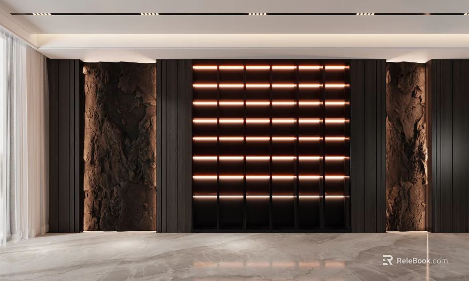 Elegant Modern Wine Cabinet with LED Lighting and Dark Stone Wall Background 3d model 