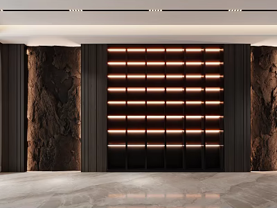 Elegant Modern Wine Cabinet with LED Lighting and Dark Stone Wall Background 3d model