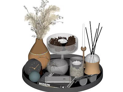 Modern Style Decorative Ornament Set With Dried Pampas Grass Aromatic Diffuser Scented Candle And Tray 3d model
