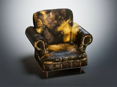Vintage Single Sofa With Brown And Gold Distressed Leather Curved Arms And Wooden Legs 3d model