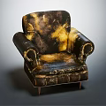 Vintage Single Sofa With Brown And Gold Distressed Leather Curved Arms And Wooden Legs