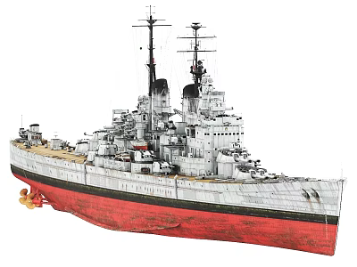Detailed Warship Model With Red Bottom White Hull And Tall Masts 3d model